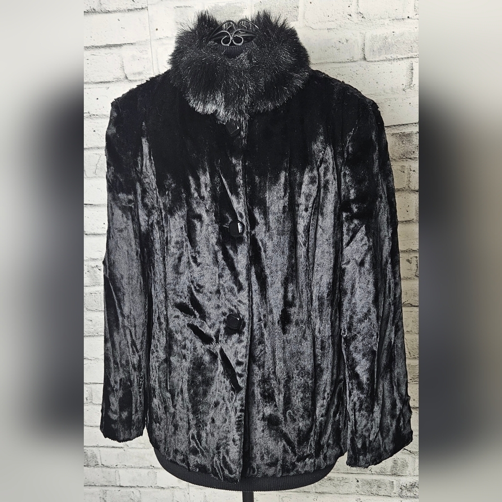 Simon Chang Black Velvet Faux Fur Collar Coat Chic Evening Jacket Size 10